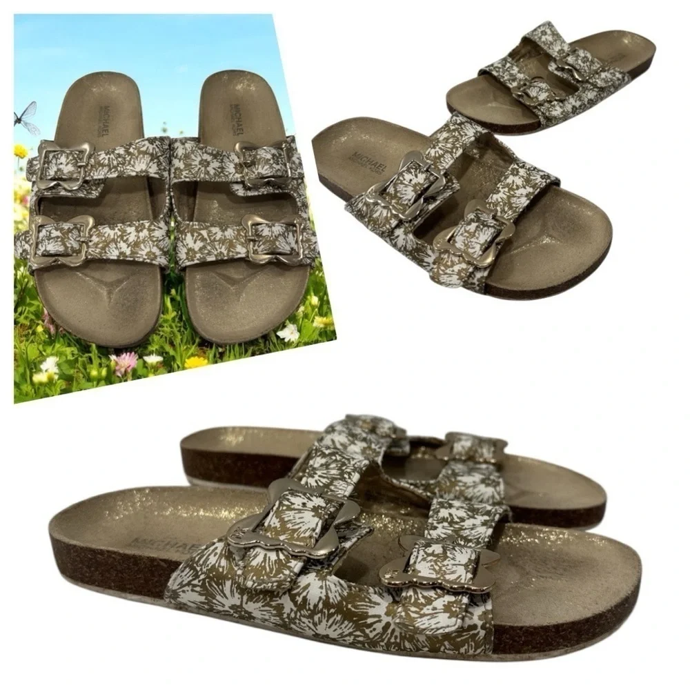 Michael Kors Sandals Youth 3 Double Buckle Strap Slide White Gold Flats Slip On